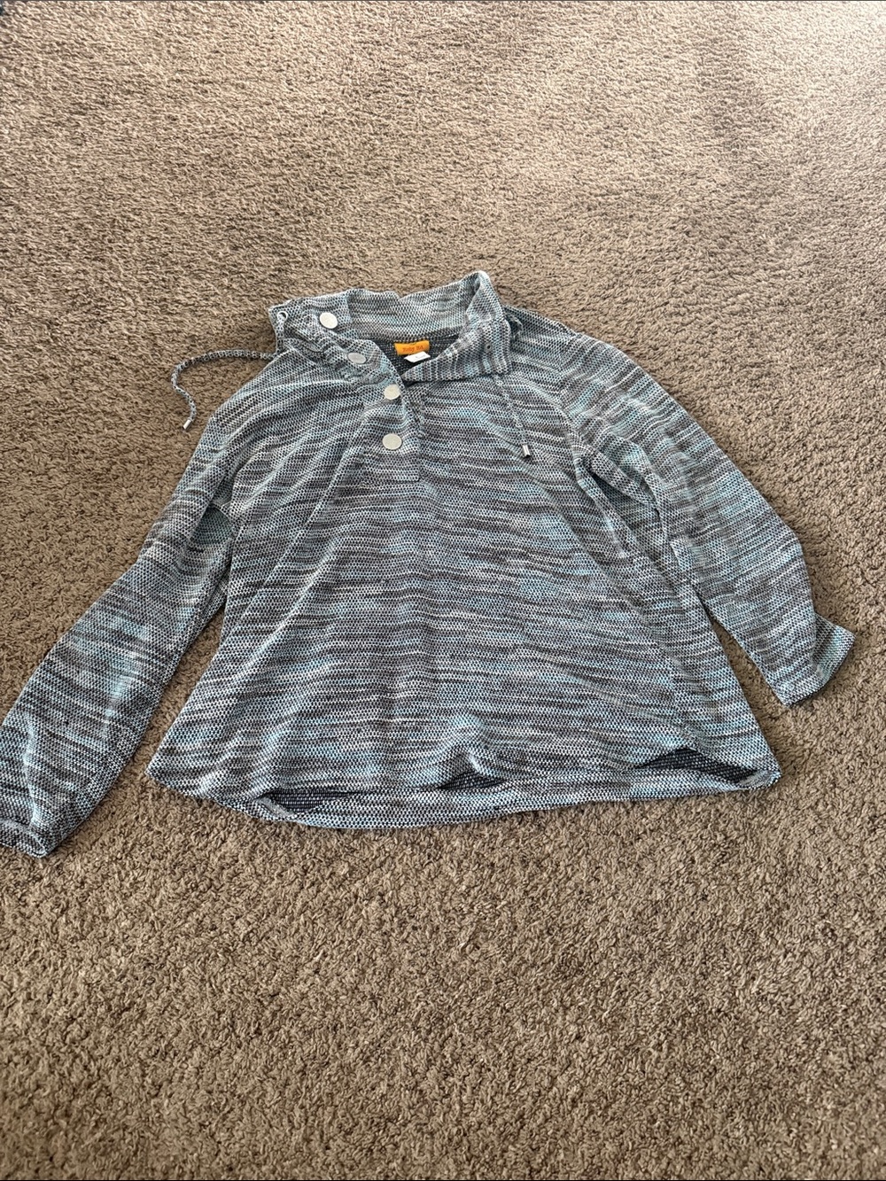 Ruby Rd. Womens Striped Knit Pullover Hoodie in Blue and Gray